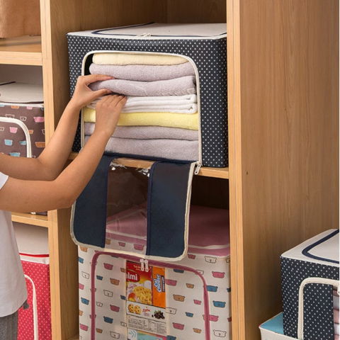 Cutie de depozitare pliabila, cu fermoar, 100 l, textil, 60x42x40 cm, albastru marin, cadru metalic, suport baza stabil din plastic, imprimeu buline [5]