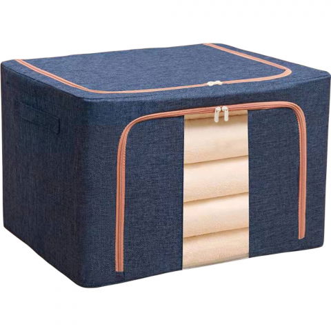 Organizare pentru casă - Cutie de depozitare pliabila, cu fermoar, 100 l, textil, 60x42x40 cm, cadru metalic, suport baza stabil din plastic, albastru marin