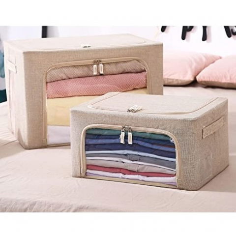 Cutie de depozitare pliabila, cu fermoar, 100 l, textil, 60x42x40 cm, cadru metalic, suport baza stabil din plastic, crem cu doua ferestre [1]