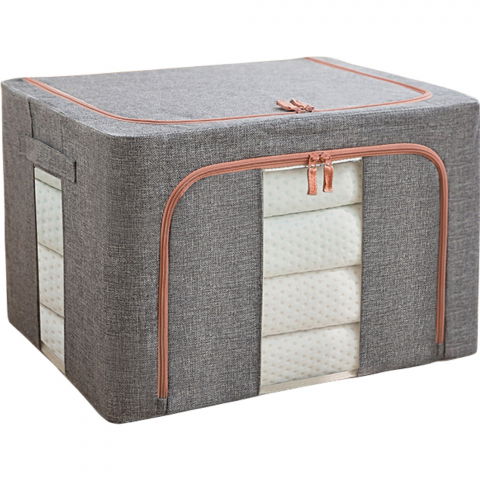 Organizare pentru casă - Cutie de depozitare pliabila, cu fermoar, 100 l, textil, 60x42x40 cm, cadru metalic, suport baza stabil din plastic, gri, cu doua ferestre