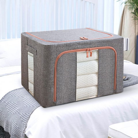 Cutie de depozitare pliabila, cu fermoar, 100 l, textil, 60x42x40 cm, cadru metalic, suport baza stabil din plastic, gri, cu doua ferestre [1]