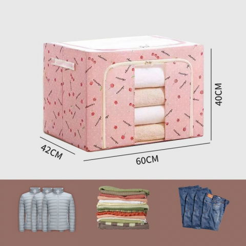 Cutie de depozitare pliabila, cu fermoar, 100 l, textil, 60x42x40 cm, cu fereastra, cadru metalic, suport baza stabil din plastic, imprimeu cirese, roz [1]