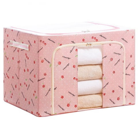Cutie de depozitare pliabila, cu fermoar, 100 l, textil, 60x42x40 cm, cu fereastra, cadru metalic, suport baza stabil din plastic, imprimeu cirese, roz