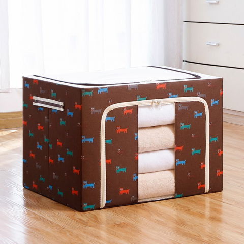 Cutie de depozitare pliabila, cu fermoar, 100 l, textil, 60x42x40 cm, o fereastra, cadru metalic, suport baza stabil din plastic, imprimeu catelusi, maro [1]