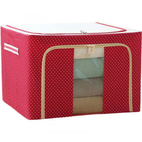 Cutie de depozitare pliabila, cu fermoar, 100 l, textil, 60x42x40 cm, o fereastra, cadru metalic, suport baza stabil din plastic, imprimeu punctat, rosu [2]