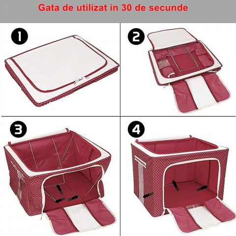 Organizare pentru casă - Cutie de depozitare pliabila, cu fermoar, 100 l, textil, 60x42x40 cm, o fereastra, cadru metalic, suport baza stabil din plastic, imprimeu punctat, rosu