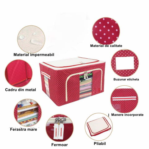 Cutie de depozitare pliabila, cu fermoar, 100 l, textil, 60x42x40 cm, o fereastra, cadru metalic, suport baza stabil din plastic, imprimeu punctat, rosu [3]