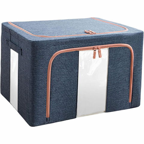 Organizare pentru casă - Cutie de depozitare pliabila, cu fermoar, 24 l, textil, 40x30x20 cm, cadru metalic, suport baza stabil din plastic, albastru marin cu doua ferestre