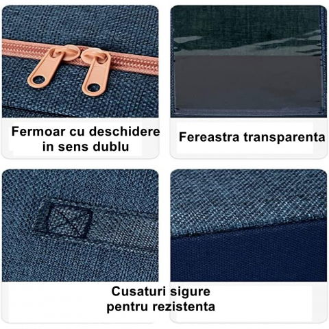 Cutie de depozitare pliabila, cu fermoar, 24 l, textil, 40x30x20 cm, cadru metalic, suport baza stabil din plastic, albastru marin cu doua ferestre [1]