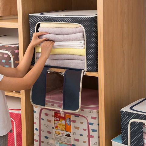 Cutie de depozitare pliabila, cu fermoar, 66 l, textil, 50 x 40 x 33 cm, cadru metalic, suport baza stabil din plastic, imprimeu buline, albastru marin [3]