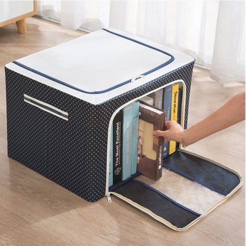 Cutie de depozitare pliabila, cu fermoar, 66 l, textil, 50 x 40 x 33 cm, cadru metalic, suport baza stabil din plastic, imprimeu buline, albastru marin [5]