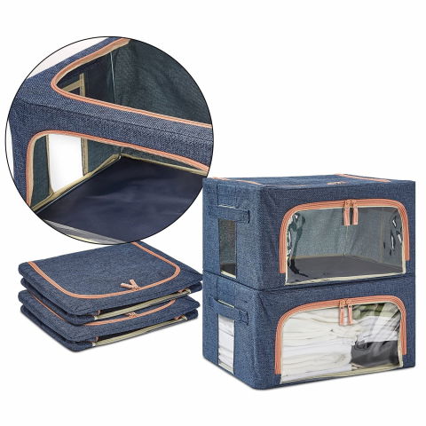 Cutie de depozitare pliabila, cu fermoar, 66 l, textil, 50x40x33 cm, albastru marin, cadru metalic, suport baza stabil din plastic, cu doua ferestre [2]