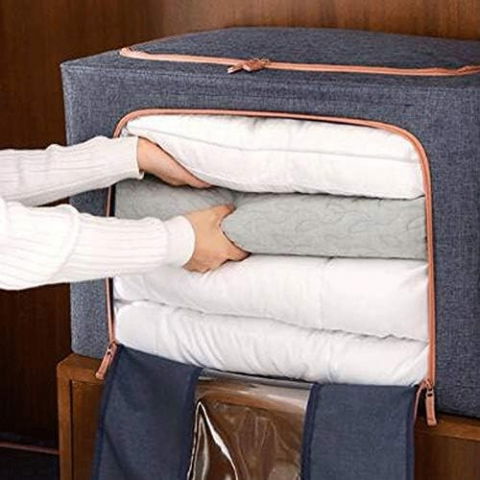 Cutie de depozitare pliabila, cu fermoar, 66 l, textil, 50x40x33 cm, albastru marin, cadru metalic, suport baza stabil din plastic, cu doua ferestre [4]