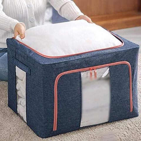 Cutie de depozitare pliabila, cu fermoar, 66 l, textil, 50x40x33 cm, albastru marin, cadru metalic, suport baza stabil din plastic, cu doua ferestre [5]