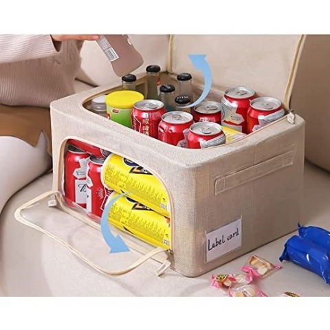 Pentru haine și lenjerie - Cutie de depozitare pliabila, cu fermoar, 66 l, textil, 50x40x33 cm, cadru metalic, suport baza stabil din plastic, crem