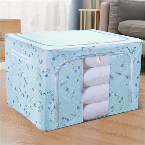 Cutie de depozitare pliabila, cu fermoar, 66 l, textil, 50x40x33 cm, cu 2 ferestre, cadru metalic, suport baza stabil din plastic, imprimeu cirese, albastru [2]