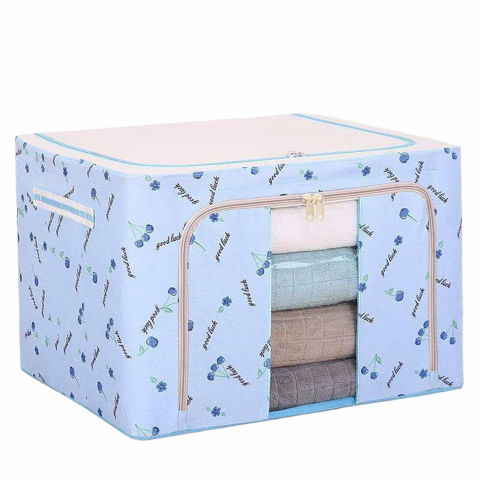 Cutie de depozitare pliabila, cu fermoar, 66 l, textil, 50x40x33 cm, cu 2 ferestre, cadru metalic, suport baza stabil din plastic, imprimeu cirese, albastru [5]