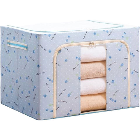 Cutie de depozitare pliabila, cu fermoar, 66 l, textil, 50x40x33 cm, cu 2 ferestre, cadru metalic, suport baza stabil din plastic, imprimeu cirese, albastru [3]