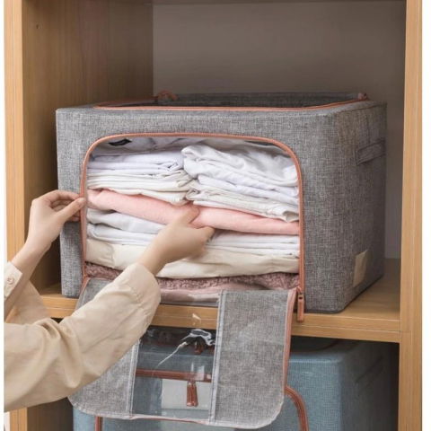 Cutie de depozitare pliabila, cu fermoar, 66 l, textil, 50x40x33 cm, gri, cadru metalic, suport baza stabil din plastic, cu doua ferestre [1]