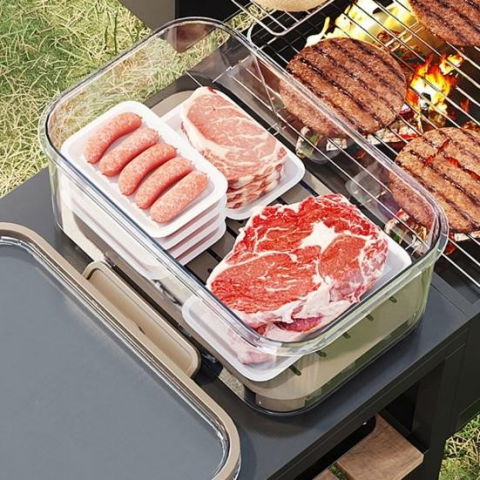 Cutie de depozitare portabila, cu separator pentru gheata si scurgere, mentine rece, caserola pranz, 25x16.5x11.5 cm, crem/transparent [6]