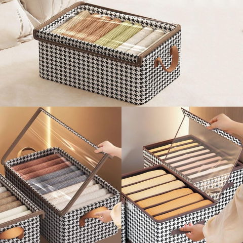 Cutie de depozitare tip cos, capac transparent, model in carouri, model mic, maro [5]