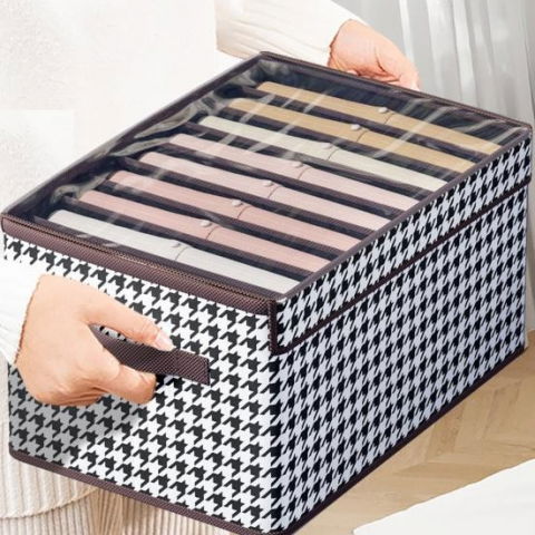 Cutie de depozitare tip cos, capac transparent, model in carouri, model mic, maro [2]