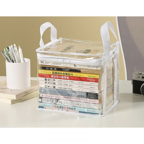 Cutie de depozitare tip cos, din pvc+textil, rezistenta la apa, geanta pentru carti, 23x17x28 cm, transparent-alb [4]