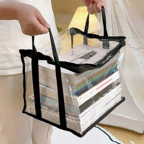 Cutie de depozitare tip cos, din pvc + textil, rezistenta la apa, geanta pentru carti, 32x24x25 cm, transparent-negru [3]