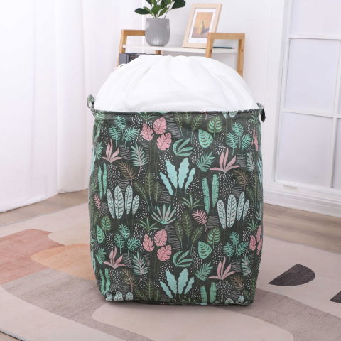 Cutie de depozitare tip cos, impermeabila, cu snur, capacitate 100 l, cu manere, 50x50x40cm, model frunze, verde [9]