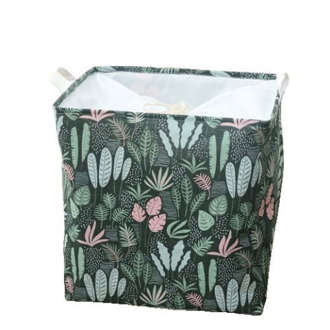 Organizare pentru casă - Cutie de depozitare tip cos, impermeabila, cu snur, capacitate 100 l, cu manere, 50x50x40cm, model frunze, verde