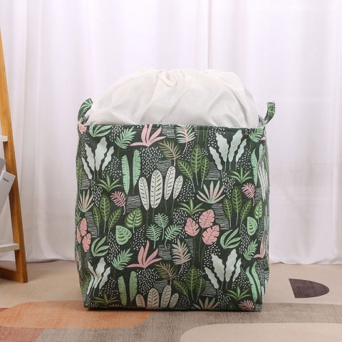 Cutie de depozitare tip cos, impermeabila, cu snur, capacitate 100 l, cu manere, 50x50x40cm, model frunze, verde [8]