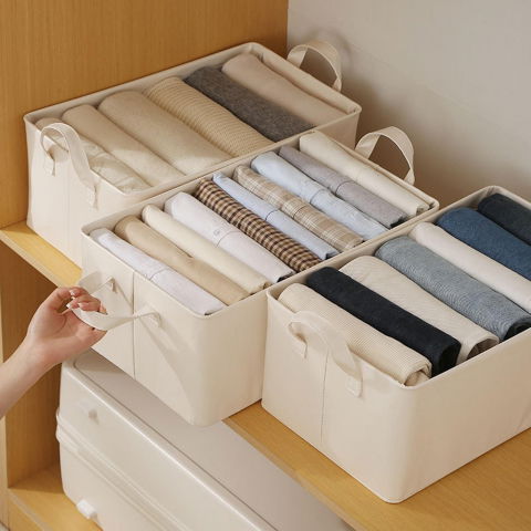 Cutie de depozitare tip cos, material piele ecologica, pliabila, 47x28x20 cm, 26 l, cadru metalic, cu manere, bej [6]