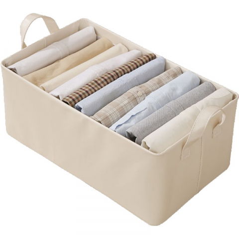 Organizare pentru casă - Cutie de depozitare tip cos, material piele ecologica, pliabila, 47x28x20 cm, 26 l, cadru metalic, cu manere, bej