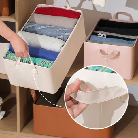 Cutie de depozitare tip cos, material piele ecologica, pliabila, 47x28x20 cm, 26 l, cadru metalic, cu manere, bej [3]