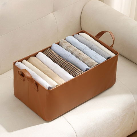 Cutie de depozitare tip cos, material piele ecologica, pliabila, 47x28x20 cm, 26 l, cadru metalic, cu manere, maro [3]