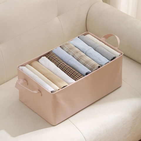 Cutie de depozitare tip cos, material piele ecologica, pliabila, 47x28x20 cm, 26 l, cadru metalic, cu manere, roz [2]