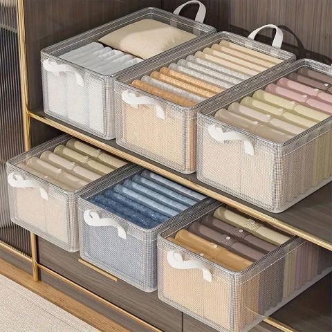 Cutie de depozitare tip cos, material textil transparent, pliabila, 47x28x20 cm, 35 l, cadru metalic, cu manere, alb [2]