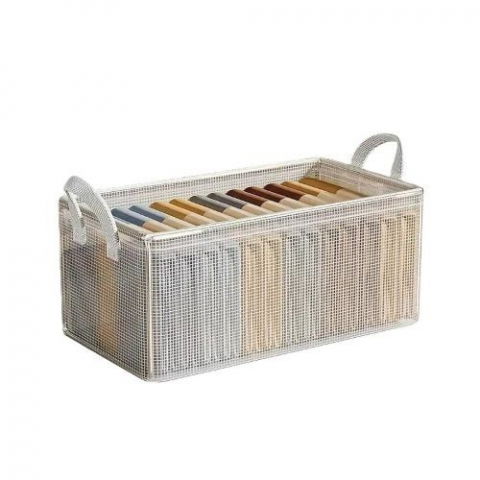 Organizare pentru casă - Cutie de depozitare tip cos, material textil transparent, pliabila, 47x28x20 cm, 35 l, cadru metalic, cu manere, alb