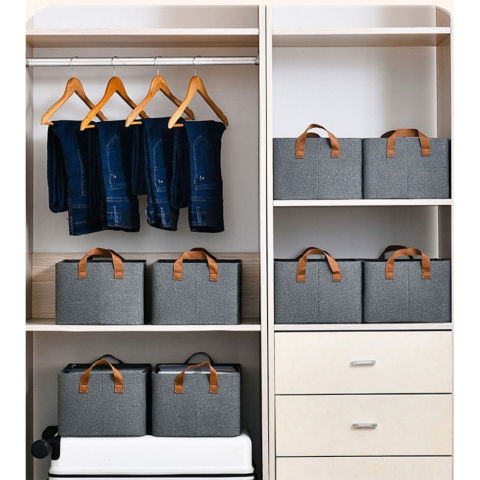 Organizare pentru casă - Cutie de depozitare tip cos, textil, pliabila, 47x28x20 cm, cadru metalic, cu manere, gri