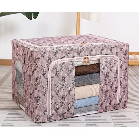 Cutie depozitare, 66l, din material textil, 50 x 40 x 33 cm, pentru haine si lenjerii, model bambus, roz [1]