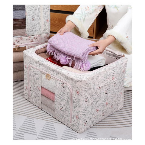Cutie depozitare, 66l, din material textil, 50 x 40 x 33 cm, pentru haine si lenjerii, model fluturasi, bej [4]