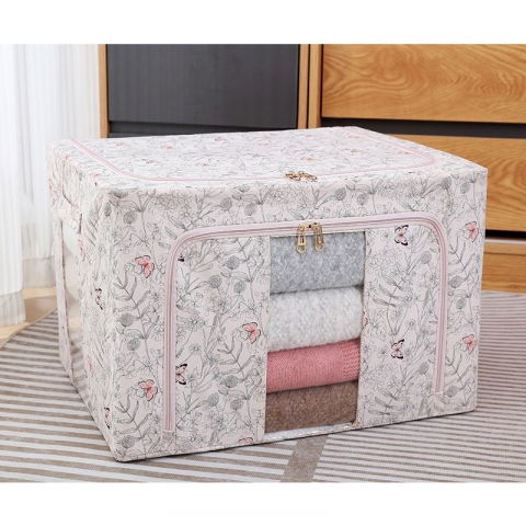Cutie depozitare, 66l, din material textil, 50 x 40 x 33 cm, pentru haine si lenjerii, model fluturasi, roz [4]