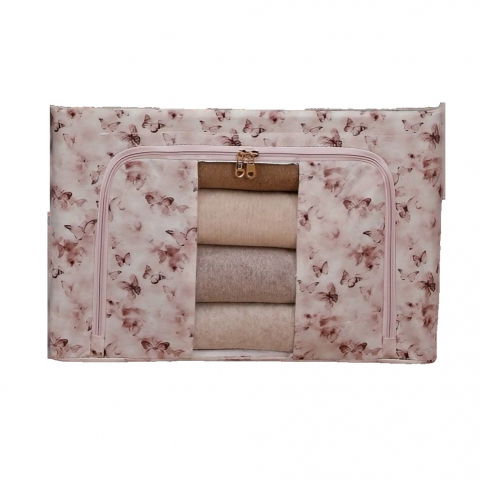 Organizare pentru casă - Cutie depozitare, 66l, din material textil, 50 x 40 x 33 cm, pentru haine si lenjerii, model fluturasi, roz/gri
