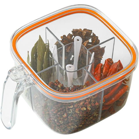 Recipiente pentru alimente de baza, gustari si cereale - Cutie depozitare alimente, din plastic/silicon, 20 x 10 x 10 cm, 5 compartimente, alb/portocaliu