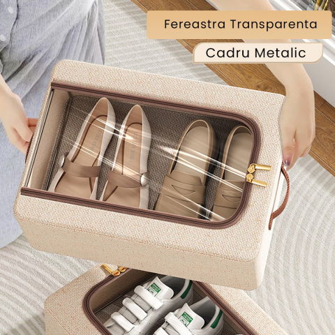 Cutie depozitare cu cadru metalic, pentru incaltaminte, haine, lingerie, fermoar calitativ, fereastra transparenta, manere laterale, 40 x 30 x 15 cm bej [3]