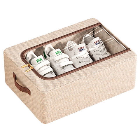 Cutie depozitare cu cadru metalic, pentru incaltaminte, haine, lingerie, fermoar calitativ, fereastra transparenta, manere laterale, 40 x 30 x 15 cm bej [2]