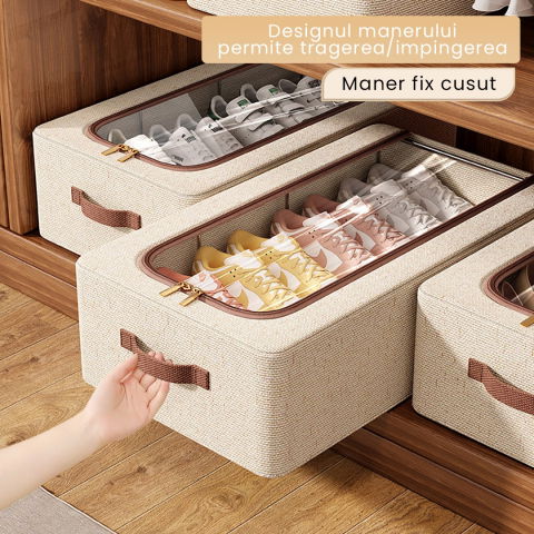 Cutie depozitare cu cadru metalic, pentru incaltaminte, haine, lingerie, fermoar calitativ, fereastra transparenta, manere laterale, 60 x 30 x 15 cm bej [4]