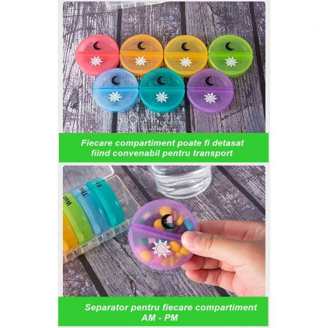 Cutie depozitare medicamente, 7 zile, 14 compartimente, cutie suport, recipiente detasabile, portabila, multicolor, 17.5x11x9.5 cm [4]