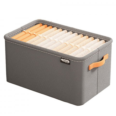 Coșuri şi cutii pliabile - Cutie depozitare  pentru haine, lucruri, din textil cu cadru metalic, manere laterale, forma dreptunghiulara, 48 x 28 x 25 cm, volum 34 l gri