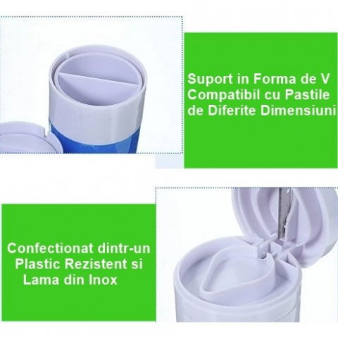 Cutie pastile multifunctionala, 4 in 1, pahar apa, taiere, sfaramare, depozitare, compact, abs cu lama din inox, alb/albastru, 8.7x6.2x4.1 cm [2]